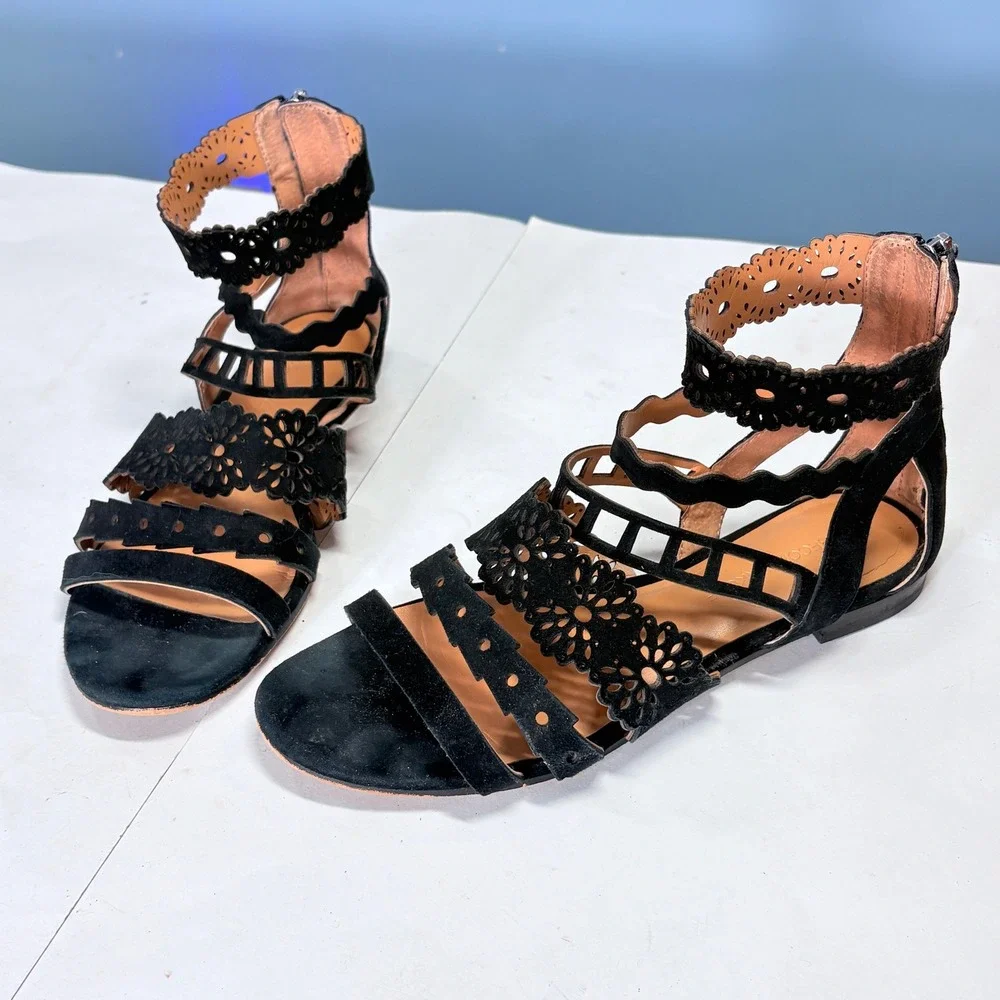 Rebecca Minkoff Black Suede Gladiator Sandal 7.5‎ Scalloped Boho Flat Festival